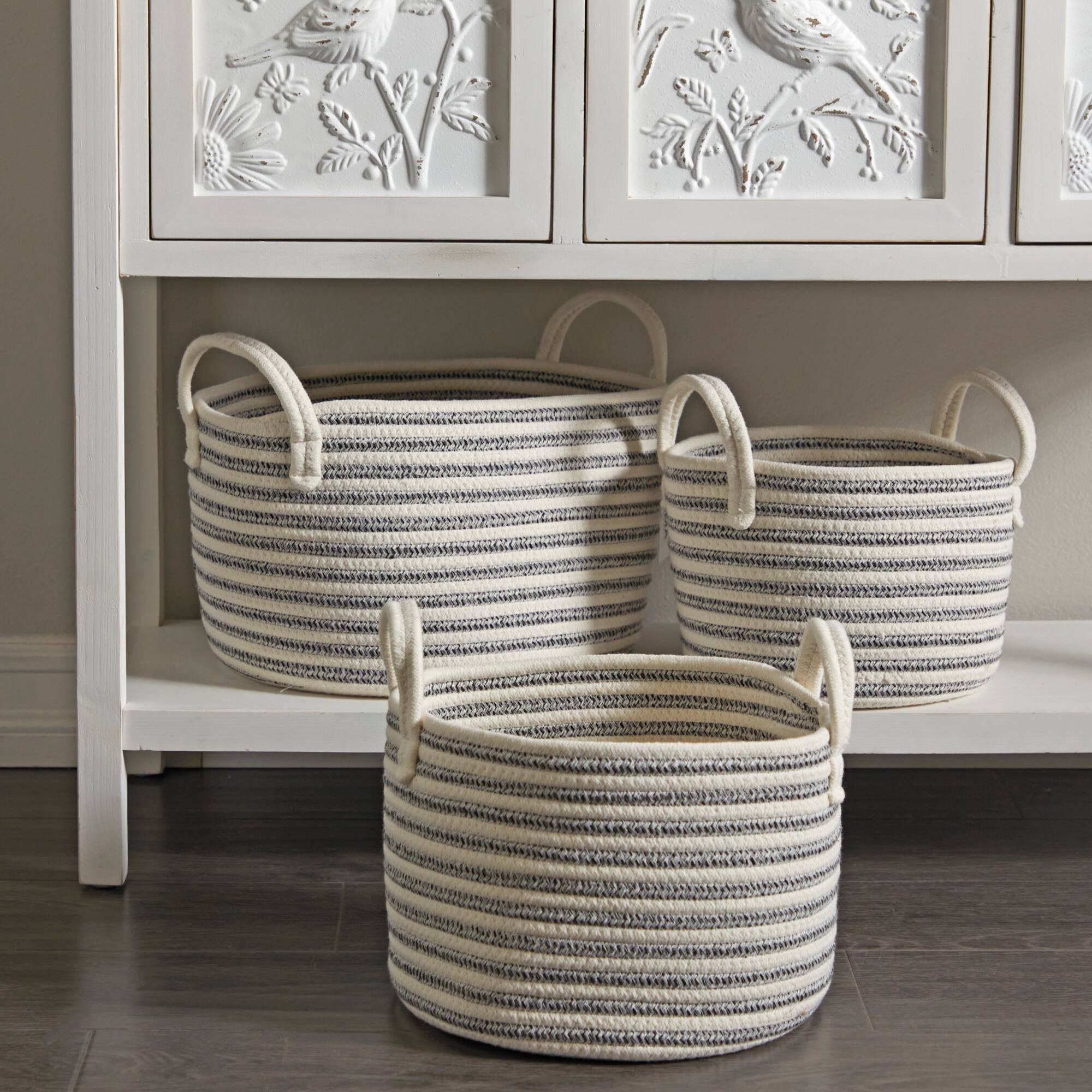 Gray Cotton Handmade Storage Basket with Handles Set of 3 12", 10", 10"
